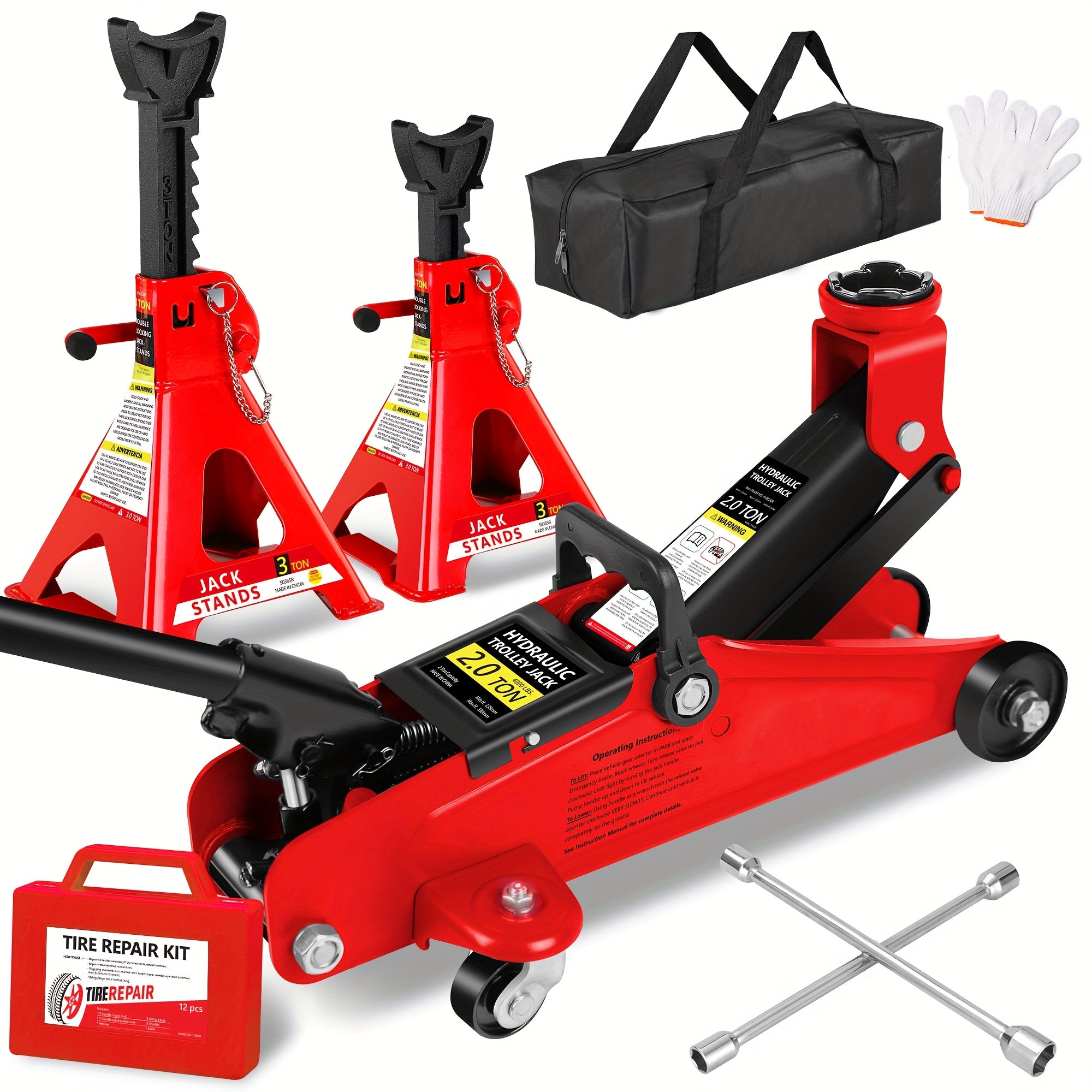 2/2.5/3 Ton Capacity Low-Profile Garage Hydraulic Jack Combo Kit, Optional: 2 Ratchet-Type 3-Ton Jack Stands, Tire Repair Tool Kit, 14-Inch Lug Wrench, Wheel Chocks for SUV/Sedan/Truck