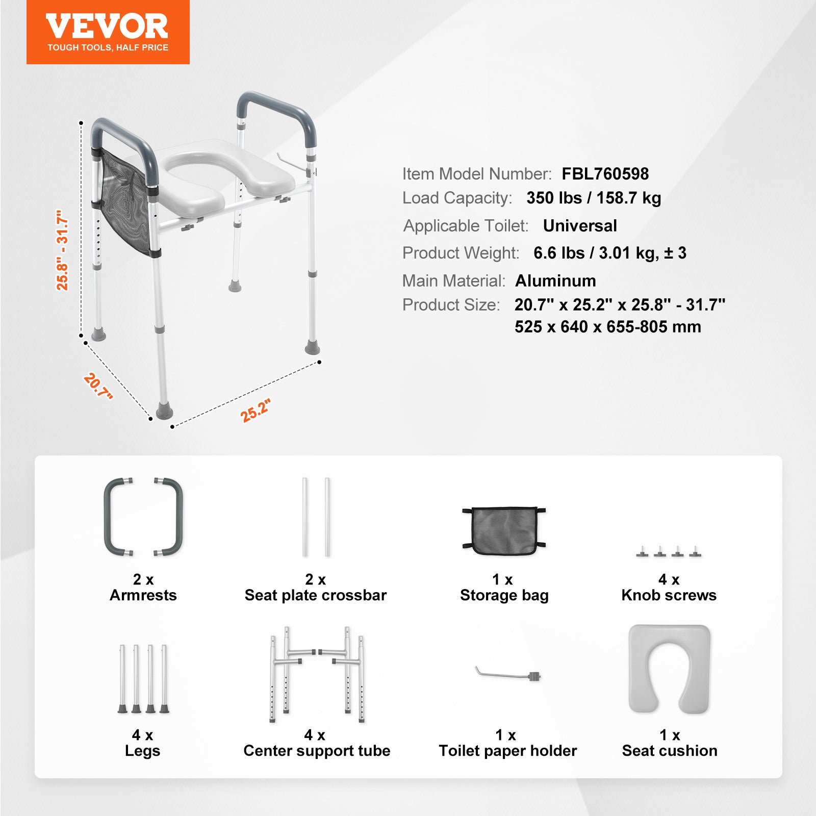 VEVOR 升降马桶座垫，7档高度调节19.3"-25.2"，承重350磅，带舒适软垫铝合金框架，适用于老年人、残疾人、孕妇、医疗用途