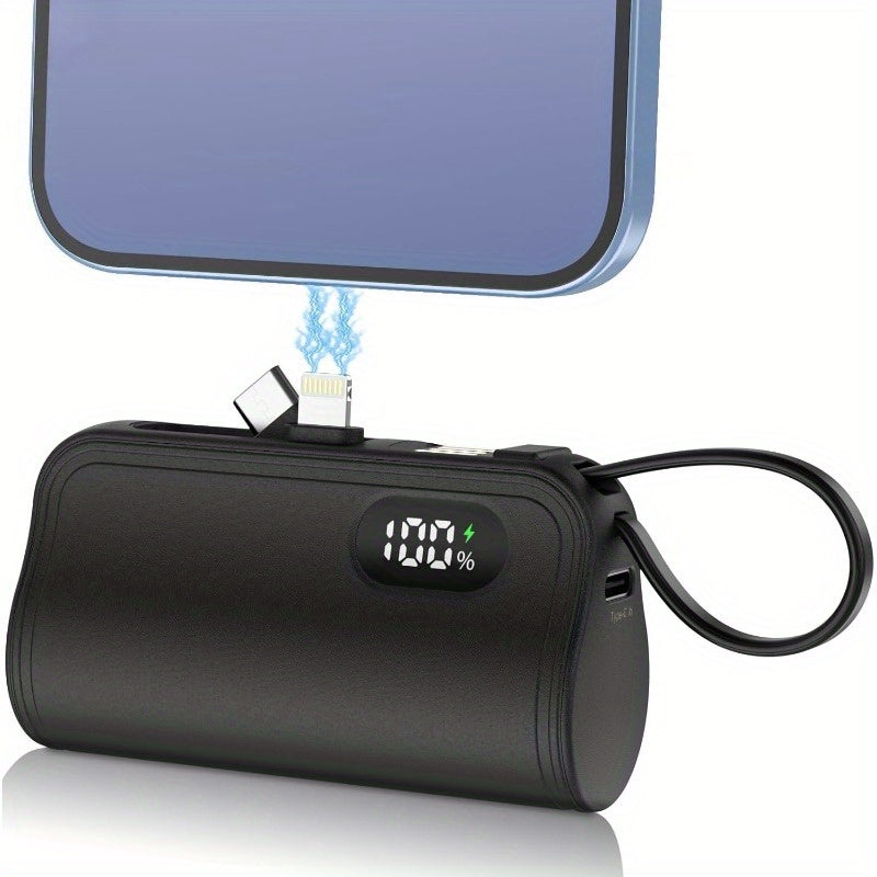2026新款三合一迷你行動電源 5000mAh 充電寶，內建 USB-C 及 iPhone 雙充插頭，LCD 顯示螢幕電量，手機支架，附 USB 充電線