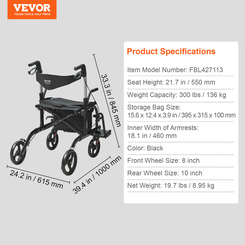 VEVOR 2合1助行器与轮椅，折叠式滚轮助行器，带脚踏，轻质铝合金，带可调节手柄，多地形轮，300磅承重，黑色/红色/蓝色