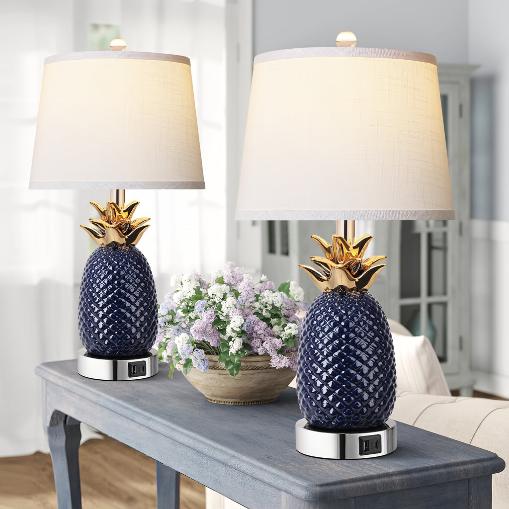 2 sets of 22-inch pineapple table lamp, 3-level adjustable ceramic table lamp, suitable for living room, navy blue modern table lamp, with USB port, high coast table lamp, suitable for bookstore, restaurant, bedroom, office, 9-watt bulb included
