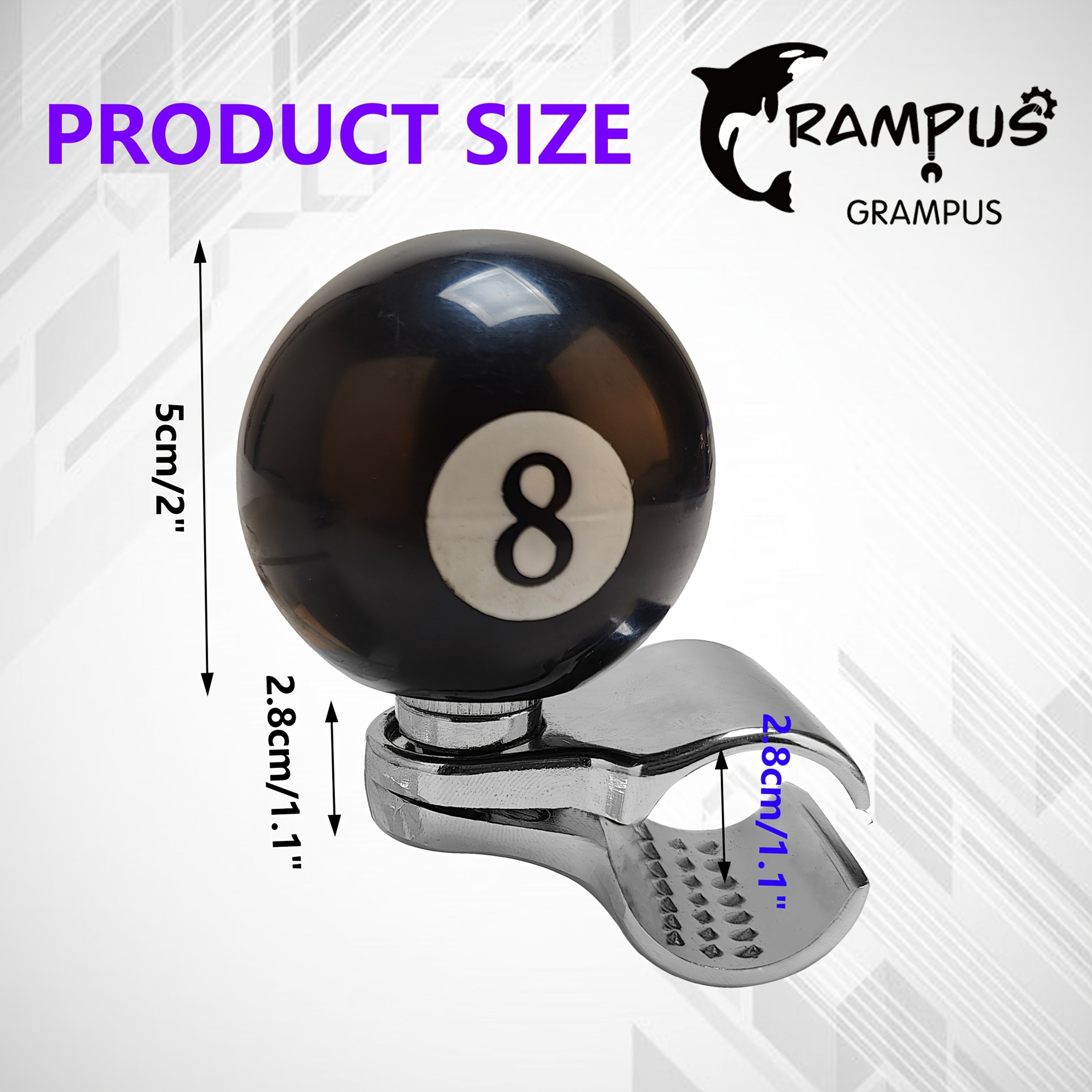 8 Ball Steering Wheel Knob Spinner - 360° Silky Rotation, One-Hand Driving & Reverse Operation, Stainless Steel & Resin, Black with White Number 8 Design, Suitable for Boats and Tractors