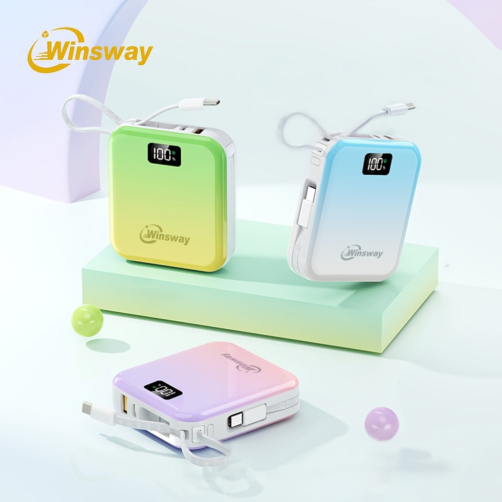 Winsway 2.9英寸迷你充電寶，10000mAh大容量，小巧便攜，內建USB-C雙線輸出，22.5W快充，LED顯示屏，內建掛繩設計，相容多種電子裝置，適合作為高顏值充電寶贈予朋友，聖誕禮物優選