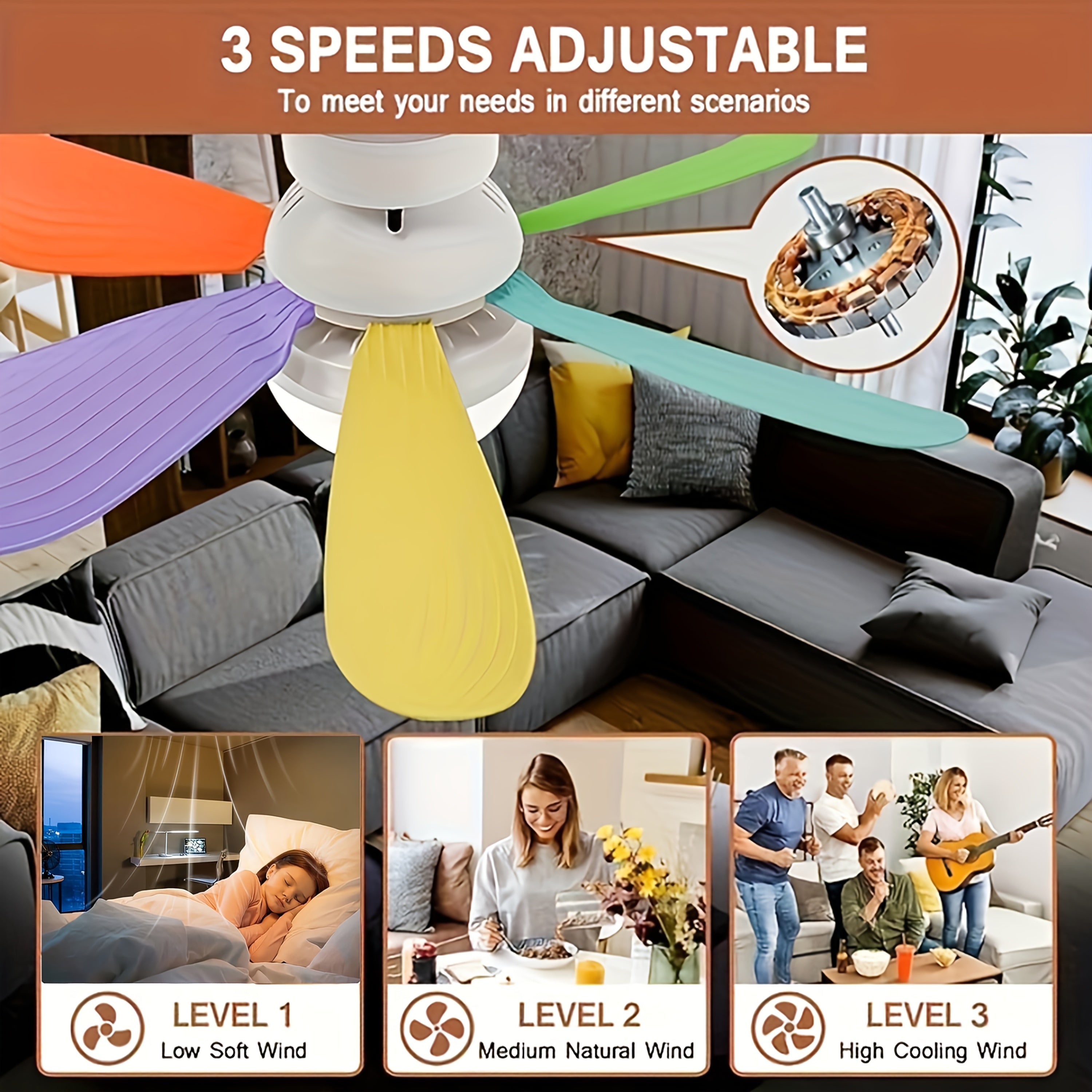 Remote Control Ceiling Fan Light, Integrated LED Lighting & Fan, 3-Speed Quiet Wind and 3 Color Temperature Adjustment 3000K-4500K-6500K, Tool-Free Installation & Timing Function, E26/E27 Interface 6-Blade Fan Light