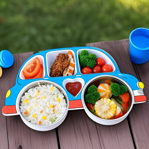 1 Set Divided Car-Shaped Tray Set with Lid & 2 Stainless Steel 304 Bowls, Cartoon Car Tray with Lid, Drop-Proof Home Cartoon Dinnerware, Unbreakable Tray, Kids‘ Cutlery Set