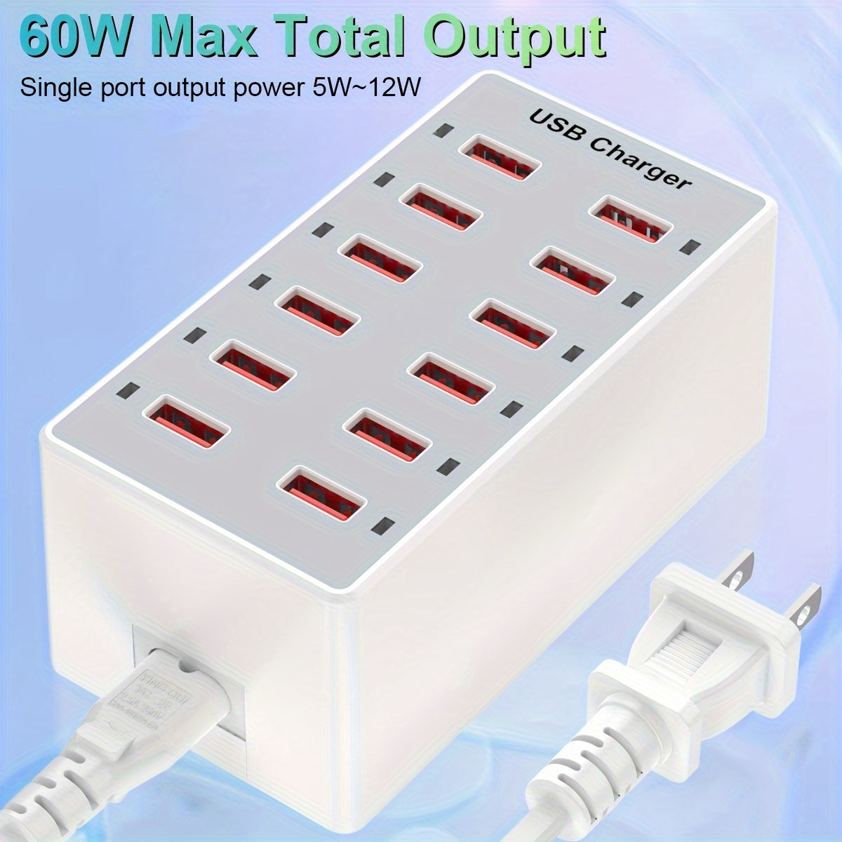 USB Charger 12-Ports USB Charging Station for Multiple Devices USB Wall Charger Power Hub Strip Smart Plug Charging Dock Block for iPhone Xs/XR, iPad, IPod, Galaxy S9/S8, Laptops And Smart Phones 60W/12A