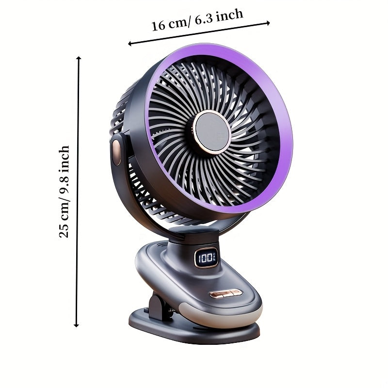 New Silent Clip-on Fan with Night Light, 5 Speed Levels, Dual Lithium Batteries for Ultra-Long Runtime, Standable/Clipable/Hangable, Bi-Directional Rotation, Timer & LED Display, Clip-on/Wall-Mounted/Desktop Air Circulator