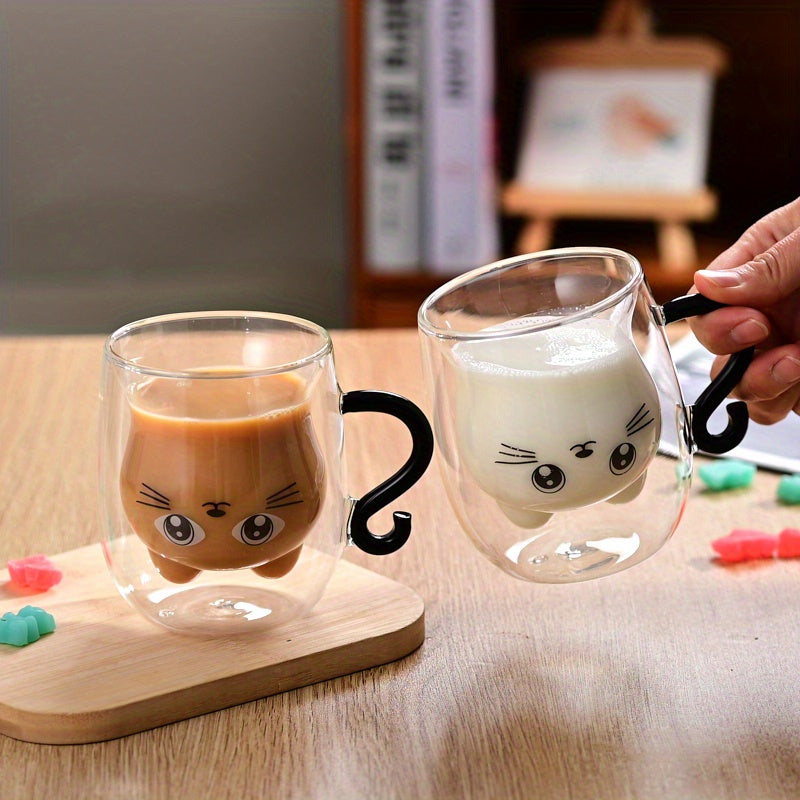 One Cute Cat-Themed Glass Mug, Hollow Double-Wall Insulated Cup for Coffee & Milk, Suitable for Espresso and Beverages, Ideal for All Seasons, Perfect Gift Item