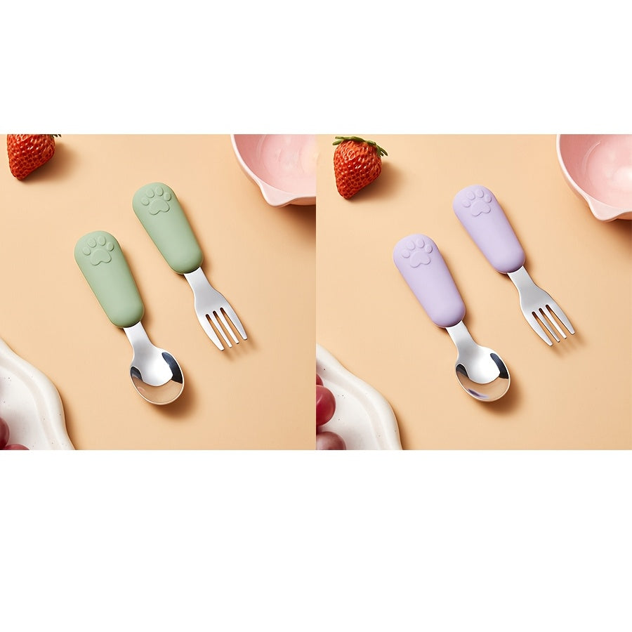 1/2 Set Bear Paw Shape Children's Short Handle Fork & Spoon Set – 304 Stainless Steel Non-Slip Grip | Baby & Toddler Self-Feeding Training Cutlery, Learning Meal Training Utensils