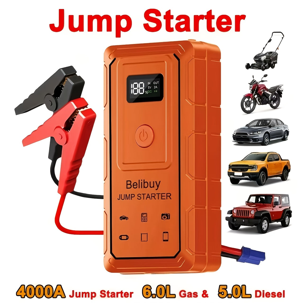 Car Jump Starter High Power Car Starter | Advanced Portable Emergency Car Starter - Powerful 6000mAh Rechargeable Battery, Charges, Suitable for Vehicles Under 36V, Upgraded Version, Reliable Emergency Power Source
