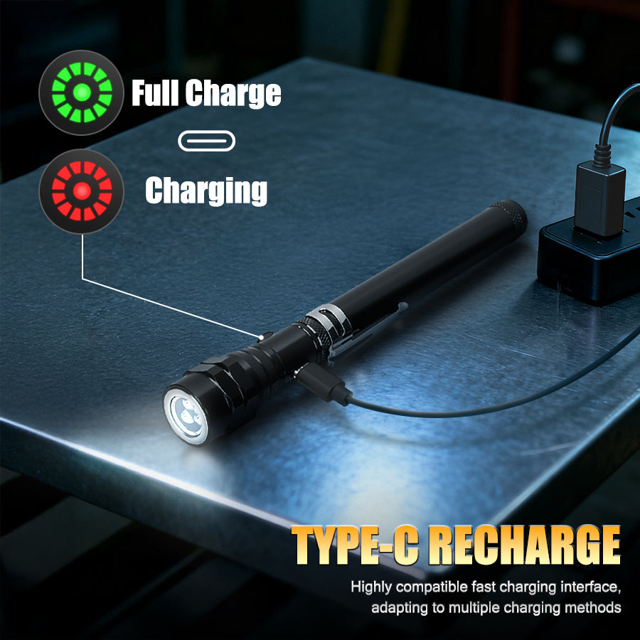 2025 New LED Flashlight, Telescopic Triple Lamp Head, Freely Adjustable Angle, Type-C Charging, Strong Magnetic Metal Clip, Super Bright Work Light Handheld Flashlight, Emergency Light with Scale Ruler