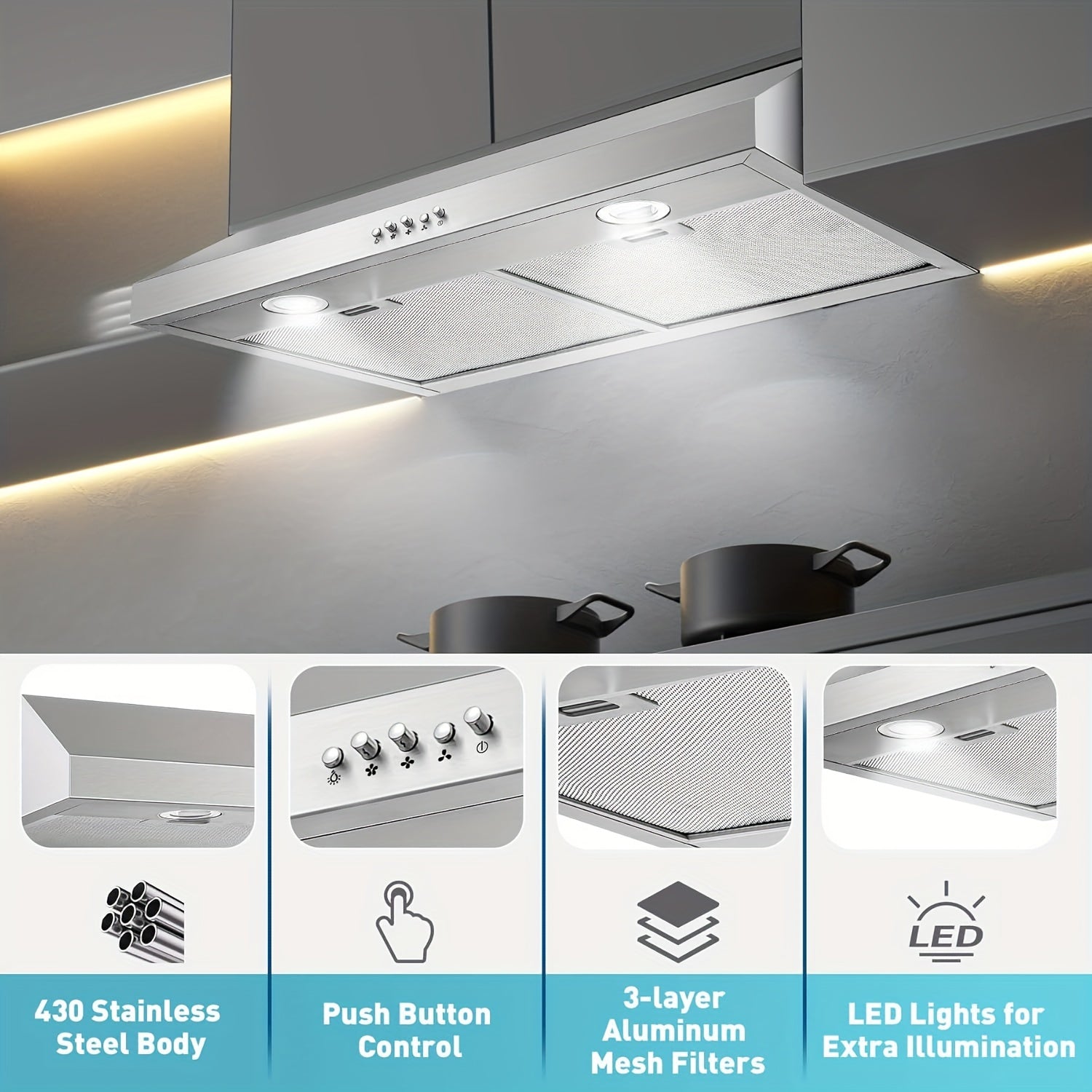 30-Inch Under-Cabinet Range Hood, Silver Stainless Steel Kitchen Vent Hood, 600CFM Stove Exhaust Fan, 3-Speed Fan, 2 Bright LED Lights