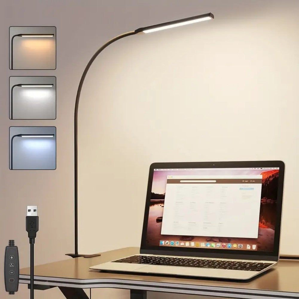 Clip-on desk lamp, soft gooseneck freely adjustable, adjustable brightness and dimmable, one-key switch: white light (efficient work), warm yellow (comfortable leisure), yellow light (romantic atmosphere), suitable for living rooms, studies