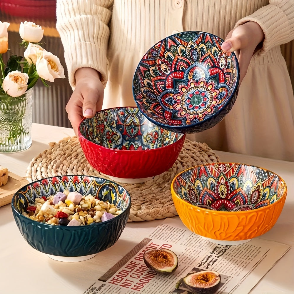 4-Piece Bohemian Style Ceramic Bowl Set, 6.5-Inch, Pattern Design, Striped Salad Bowl, Multi-Purpose – Perfect for Cereal, Soup, Oatmeal, Pasta Bowl, Large Salad Bowl
