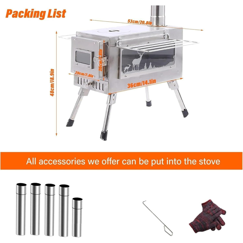 Wood Burning Stove, Stainless Steel Camping Stove, Portable Wood Stove, Outdoor Cooking Camping Wood Stove with 5 Chimney Pipe Sections & Gloves, Ideal for Ice Fishing