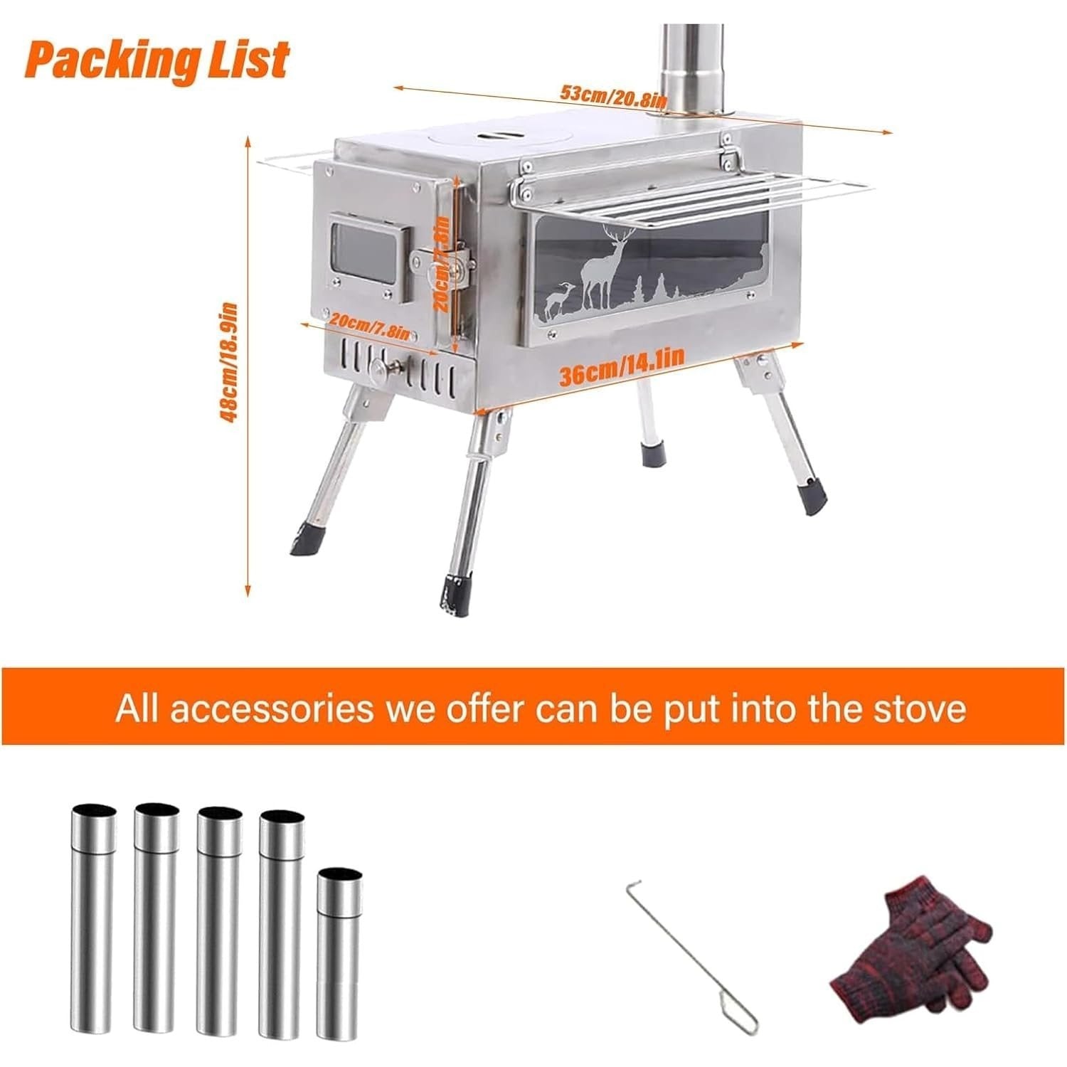 Wood Burning Stove, Stainless Steel Camping Stove, Portable Wood Stove, Outdoor Cooking Camping Wood Stove with 5 Chimney Pipe Sections & Gloves, Ideal for Ice Fishing