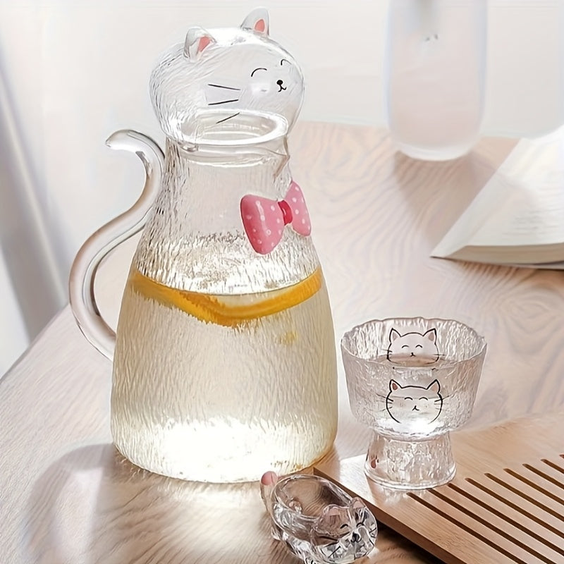 1 Cat Bow Tie Borosilicate Glass Cold Water Pitcher, Large Capacity Heat-Resistant Handmade Tea Kettle