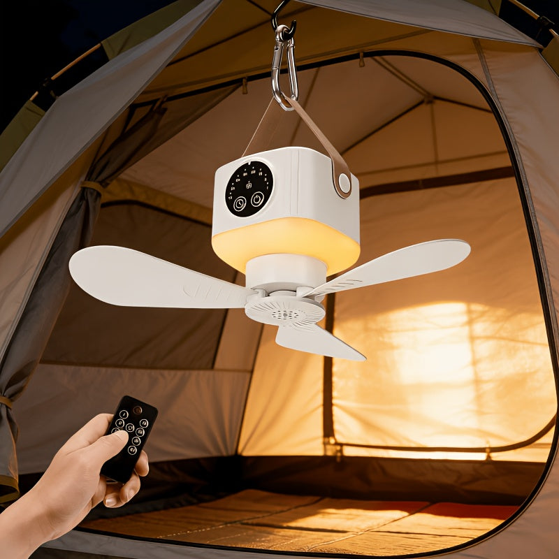 Portable Camping Ceiling Fan, Equipped with LED Light & Remote Control, USB Rechargeable, 4-Speed Adjustable Fan with 3 Small Night Lights, Suitable for RV, Truck, Tent, Travel & Camping