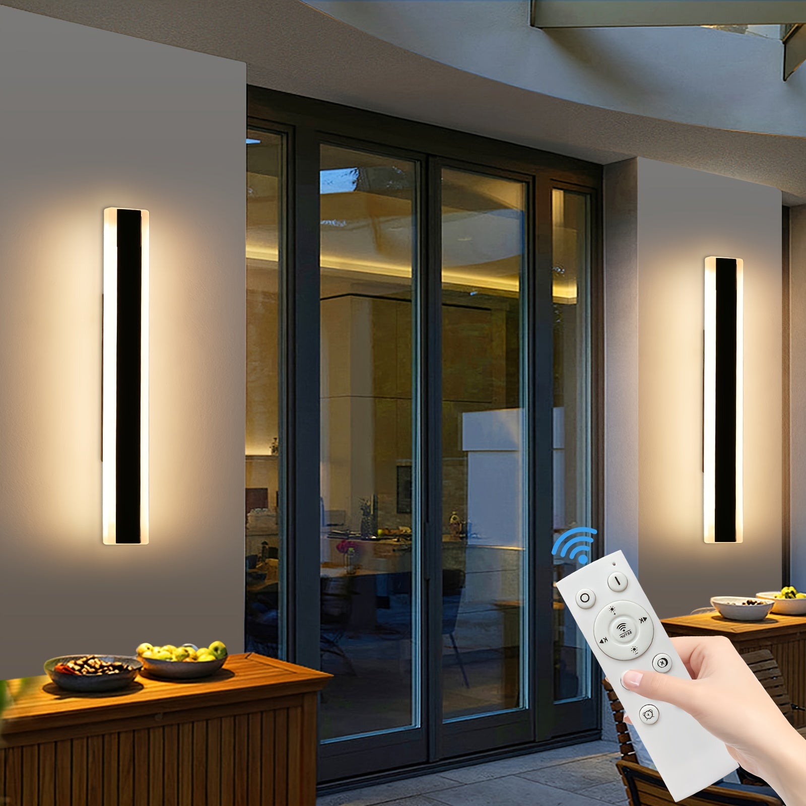 1/2-Piece Modern Outdoor Wall Light, 10%-100% Dimmable Linear Exterior Wall Light, IP65 Waterproof 3000K/4500K/6000K Long LED Wall Light with Remote Control Dimming, Heavy-Duty Hardwired Installation, Suitable for Porch, Garage