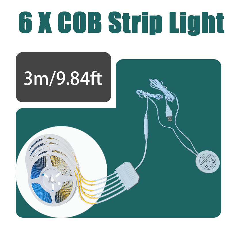 8mm 5V COB LED灯带，长度可选39.37英寸、78.74英寸或3米，配备USB接口、可调光触摸传感器和暖白光。这款无点可裁剪灯带非常适合用于厨房橱柜、衣柜、鞋架和卧室装饰