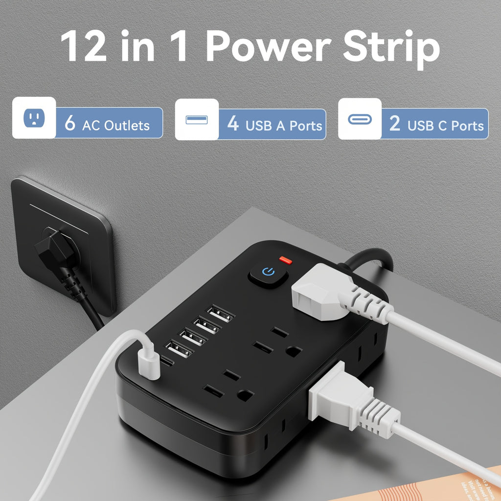 Travel Power Strip Featuring 12 Functions, Equipped with a 5FT/10FT Cord, 6 AC Outlets, 4 USB-A Ports, And 2 USB-C Ports, Includes Overload Protection And Can Be Mounted on a Wall for Desk Charging