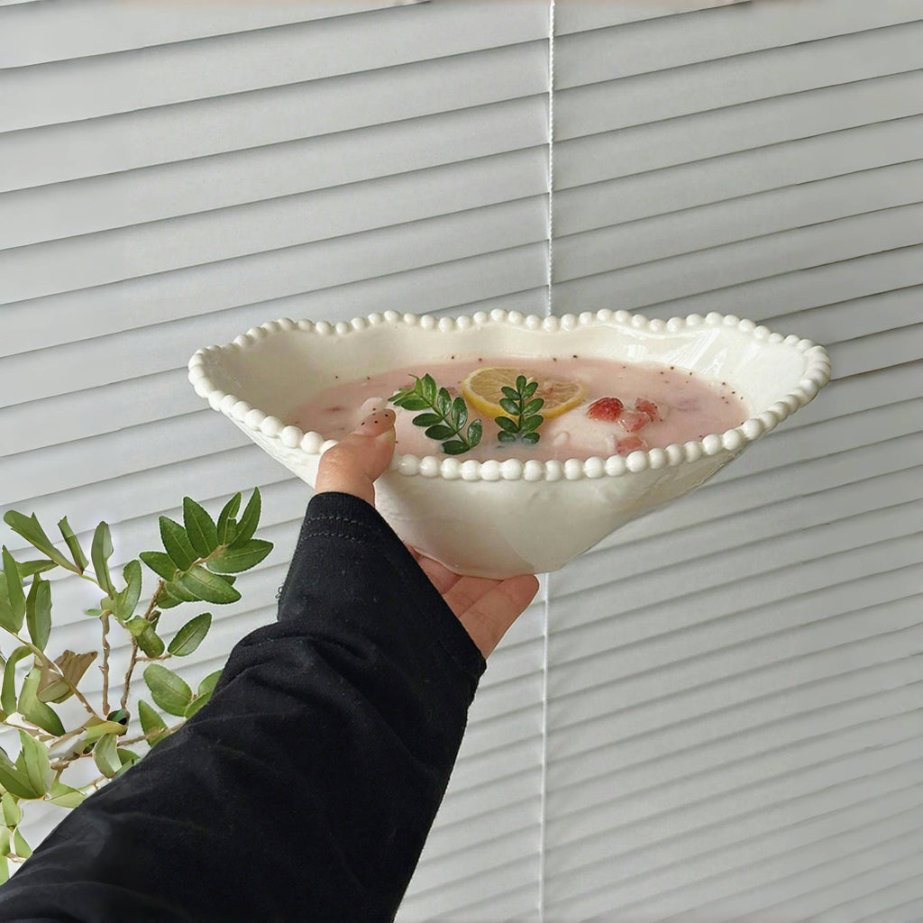 1 Embossed Pearl Oval Ceramic Snack Bowl, French Vintage Pearl Oval Bowl, High-Appeal Large-Capacity Home Serving Bowl, Perfect for Restaurant, Hotel, Party Tableware