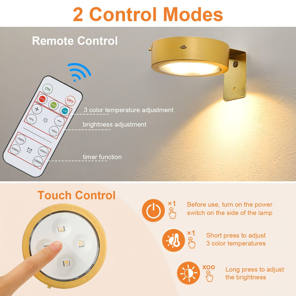 3Pcs Gold Magnetic LED Picture Light, Battery Powered Wireless Wall Lamp, Remote Control Dimmable Timing, 3 Lighting Modes, Art Spotlight for Photo Frame Gallery Decoration
