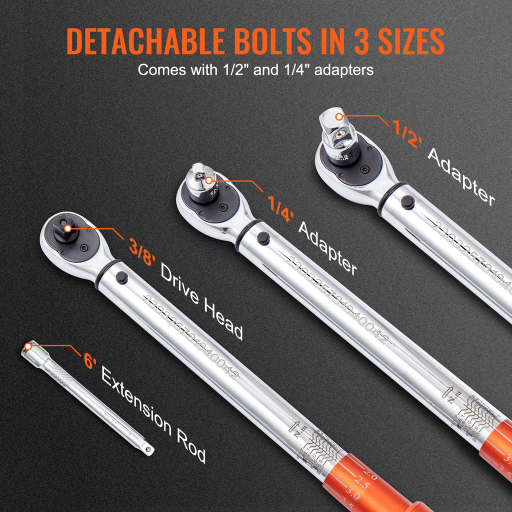 VEVOR Torque Wrench, 1/4“ / 3/8” / 1/2“ Drive Click Torque Wrench 10-80 ft-lbs / 20-200 in-lbs / 25-250 ft-lbs 3-23 Nm / 34-340 Nm / 14-110 Nm, Dual-Direction Adjustable Torque Wrench Set