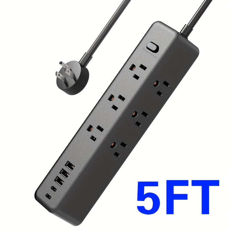14-in-1 Black Power Strip with 9 Outlets, 3 USB Ports, 2 USB-C Ports, 5/10ft Extension Cord, Flat Plug, Wall-Mountable, Overload Protection, Power Socket Surge Protector - Suitable for Desktop Charging In Homes And Offices