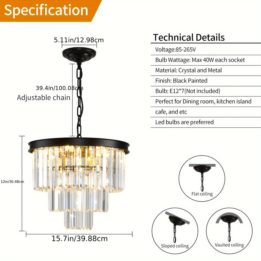 Modern Crystal Chandelier Gold 15.7-Inch Round Pendant Light, 7-Light Ceiling Chandelier Fixture for Dining Room, Raindrop Luxury Black Flush Mount Chandelier for Entryway Living Room