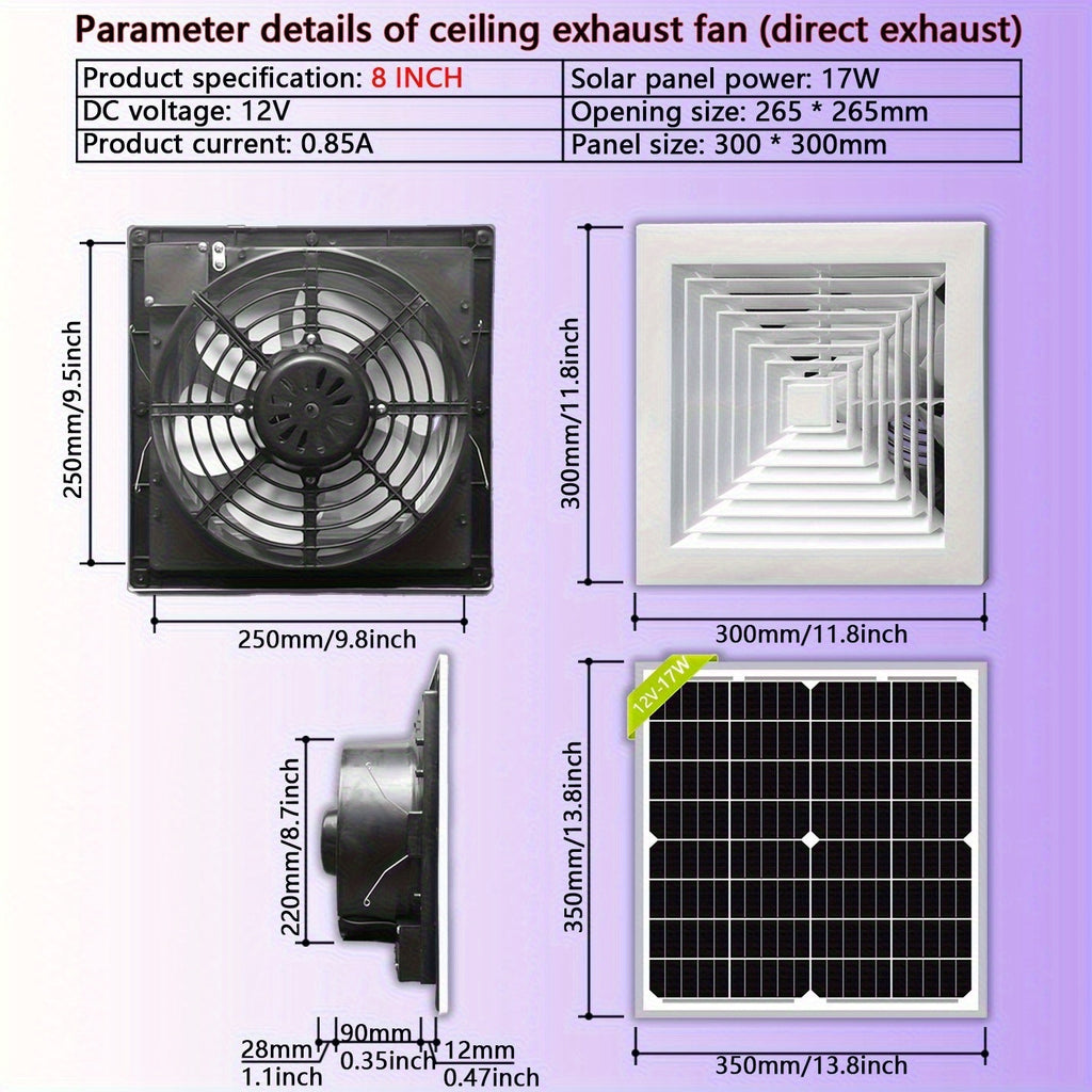Portable 8 Inch Solar Fan with 17W Solar Panel - Lightweight DC Voltage Design, Perfect for Camping, Hiking, Travel, Greenhouse, RV and Dog House Ventilation