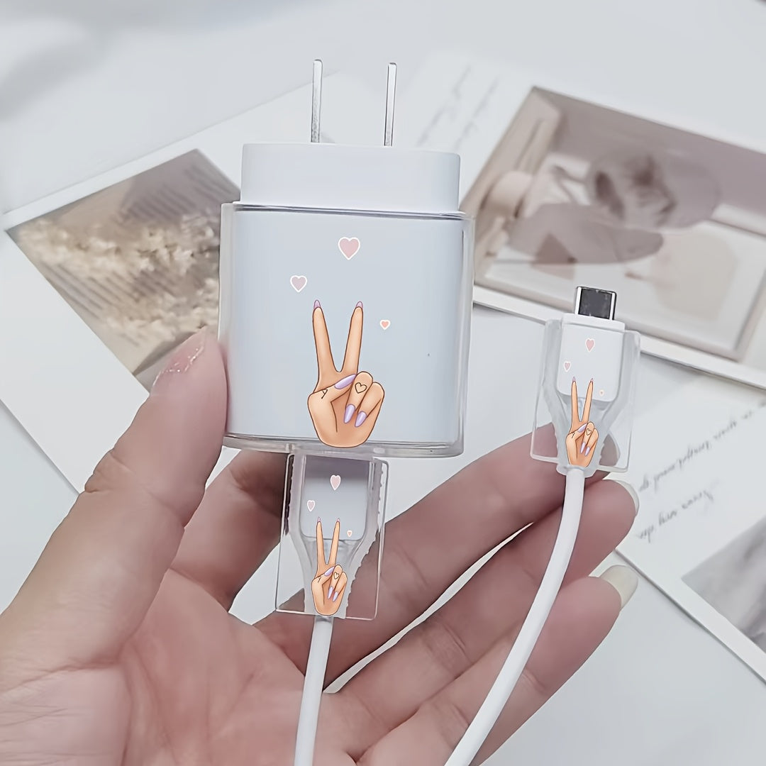 3pcs Set Scissor Hand Heart Pattern, TPU Transparent Charger Protector, Compatible with SAMSUNG Galaxy, 25W Charging Cable and Wall Charger Protection Kit, with Cable Organizer for Gift