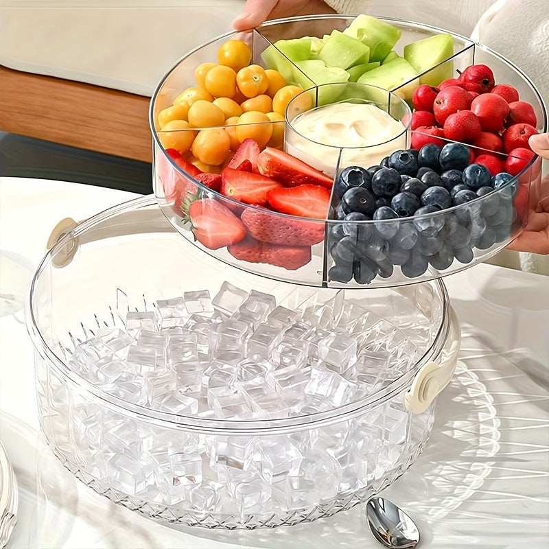 Clear Divided Vegetable Serving Tray with Lid & Dip Section – Rotating Fruit Platter for Parties, Outdoor Picnics, Catering, Takeout & Food Delivery – Ice Cold Handled Basket for Fridge – Perfect for Snacks