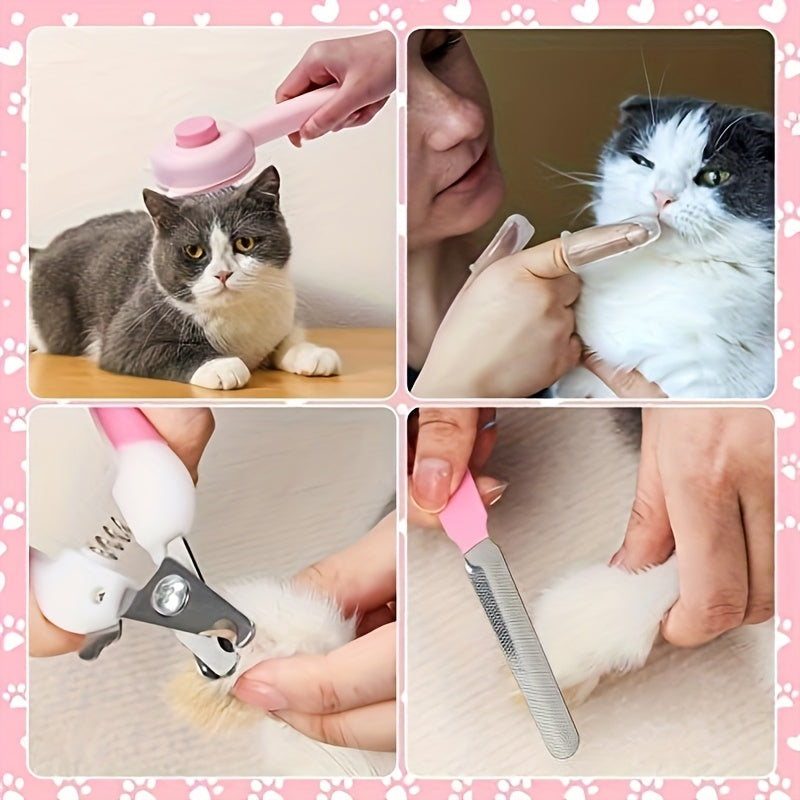 8pcs 猫刷美容套装、带宠物指甲刀和锉刀的宠物清洁套装、跳蚤梳、宠物洗发水刷、宠物脱毛刷和硅胶牙刷