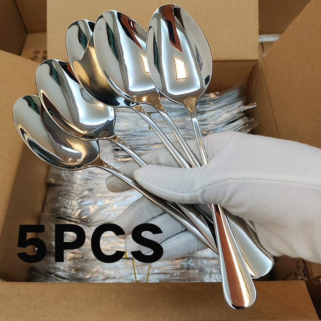 5-Piece Set Silver Stainless Steel Dinner Spoons, 7.9-Inch Soup Spoon, Large Spoon, Mirror Polished, Dishwasher Safe – Perfect for Home, Restaurant, Christmas, Halloween, Parties