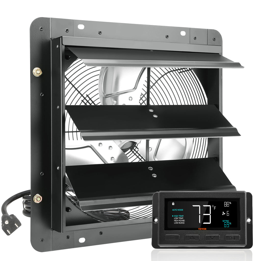 VEVOR Shutter Exhaust Fan, 12''/14''/16'' with Temperature and Humidity Controller, EC Motor, 940 CFM/1513 CFM/1747 CFM, 10-Speed Wall Mount Attic Fan for Greenhouse, Garage, Shed Ventilation and Cooling