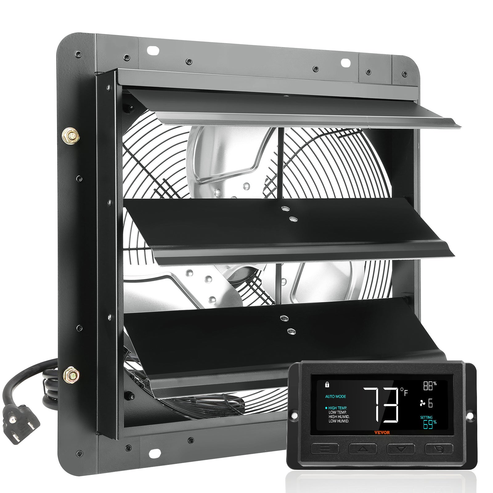 VEVOR Shutter Exhaust Fan, 12''/14''/16'' with Temperature and Humidity Controller, EC Motor, 940 CFM/1513 CFM/1747 CFM, 10-Speed Wall Mount Attic Fan for Greenhouse, Garage, Shed Ventilation and Cooling