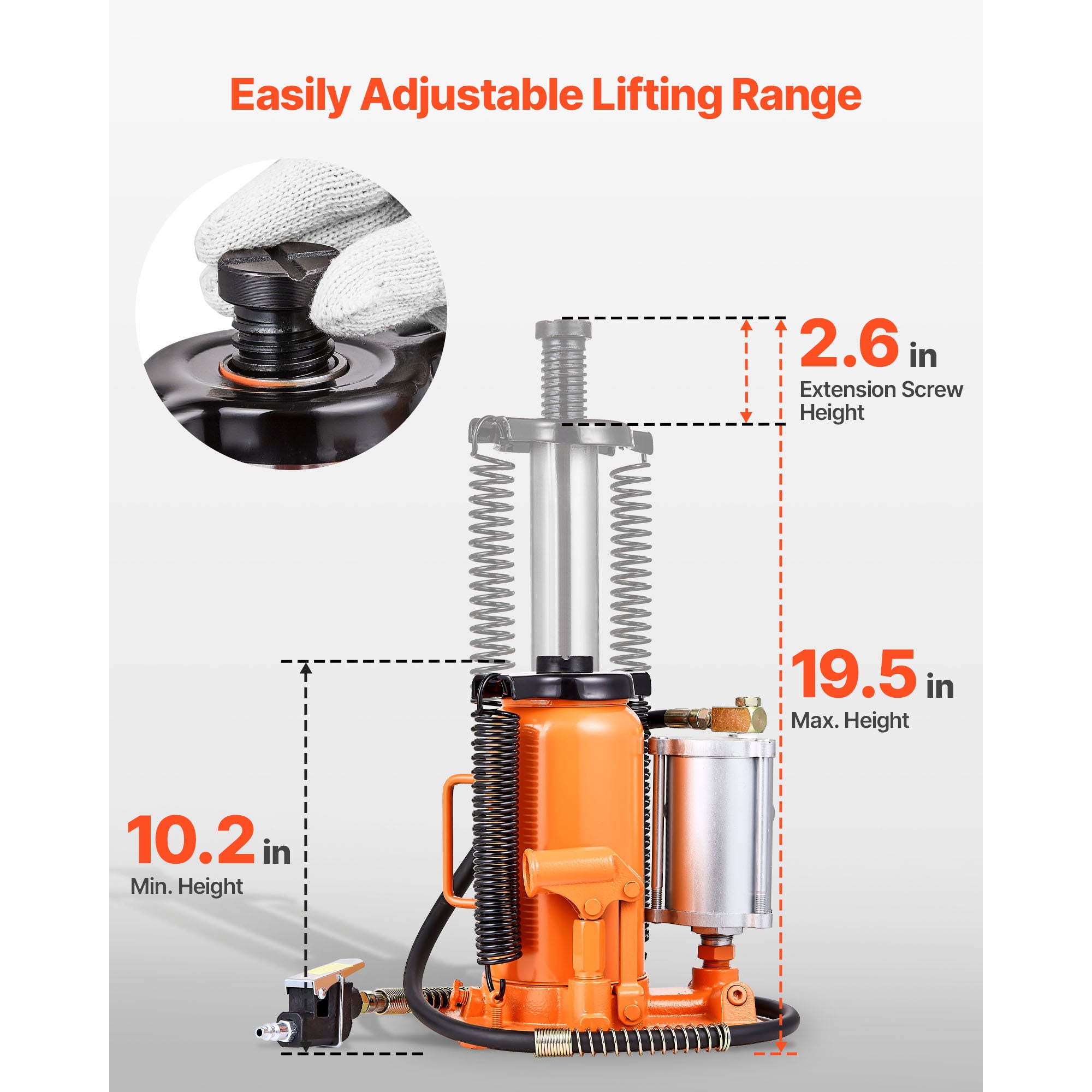VEVOR Air Hydraulic Jack, 20 Ton (44,092 lbs) Capacity, 10.2-19.5 Inch Lifting Range, Pneumatic/Manual Heavy Duty Welded Jack with Pump, for Car, SUV, Pickup, Truck, RV Repair, Orange
