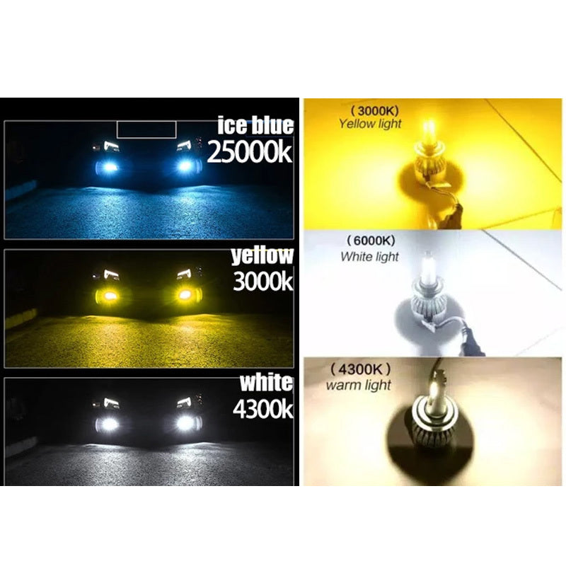 Heyword 2 Sets H7, H1, H3, H4, H8/H9/H11, 9005, 9006, 9012 LED Car Headlight Fog Light, Low Beam, High Beam, Color Temperatures: 4300K/Warm Light, 3000K/Yellow Light, 8000K/Blue Light, 25000K/Ice Blue, 6000K/White Light