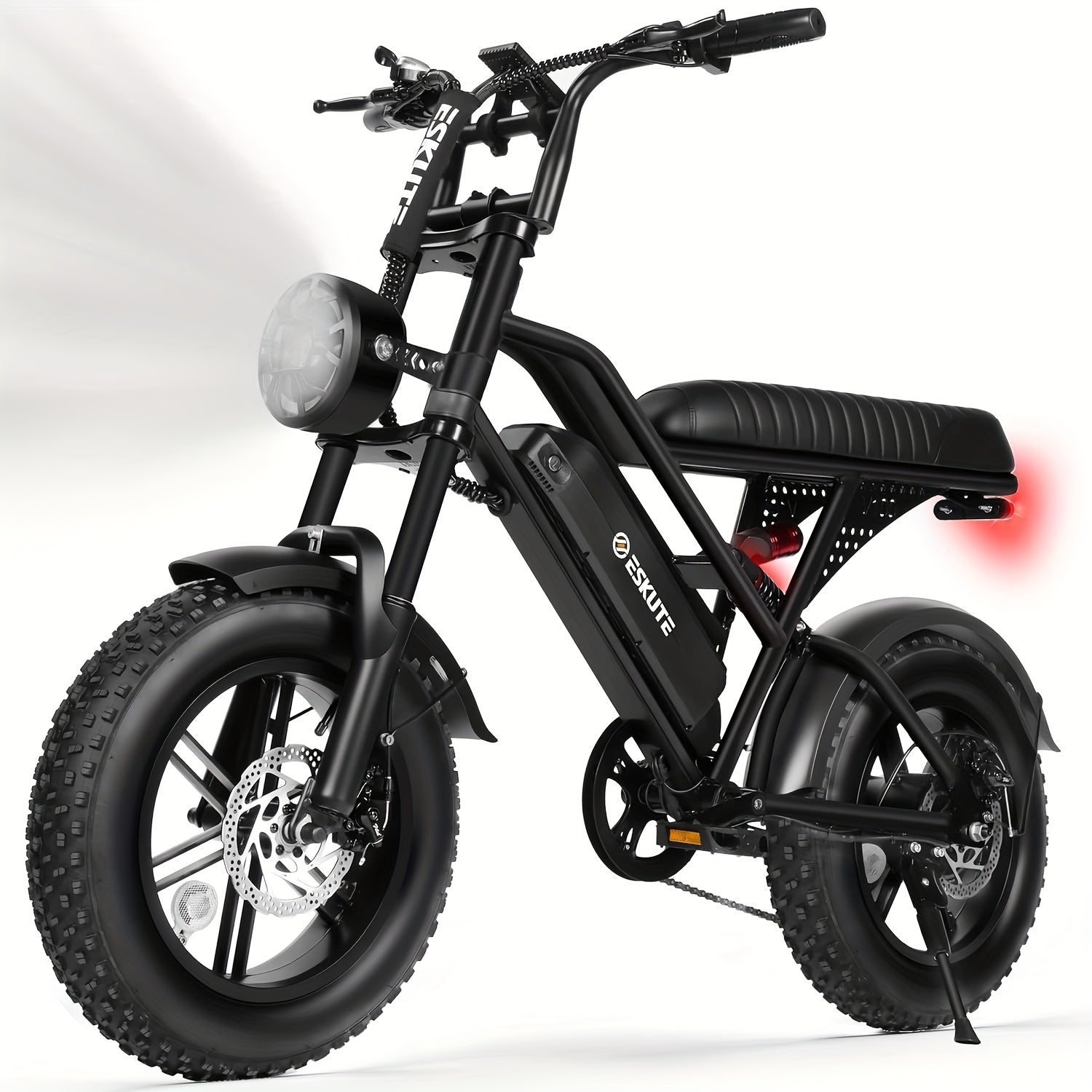 ESKUTE V100 成人电动自行车 | 749W 额定功率电机，27.9MPH 最高速度，最大行驶距离达 60 英里，16 英寸大轮，48V 13Ah 电池，7 速，全地形双悬挂，都市风格