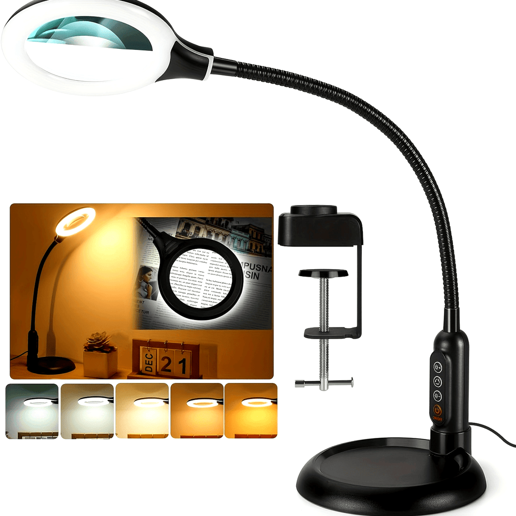 16-inch gooseneck arm, 10x magnifier lamp, adjustable swivel device with clamp, 5 light colors stepless dimming, 2-in-1 hands-free LED desk lamp, suitable for close-up work, office and other places