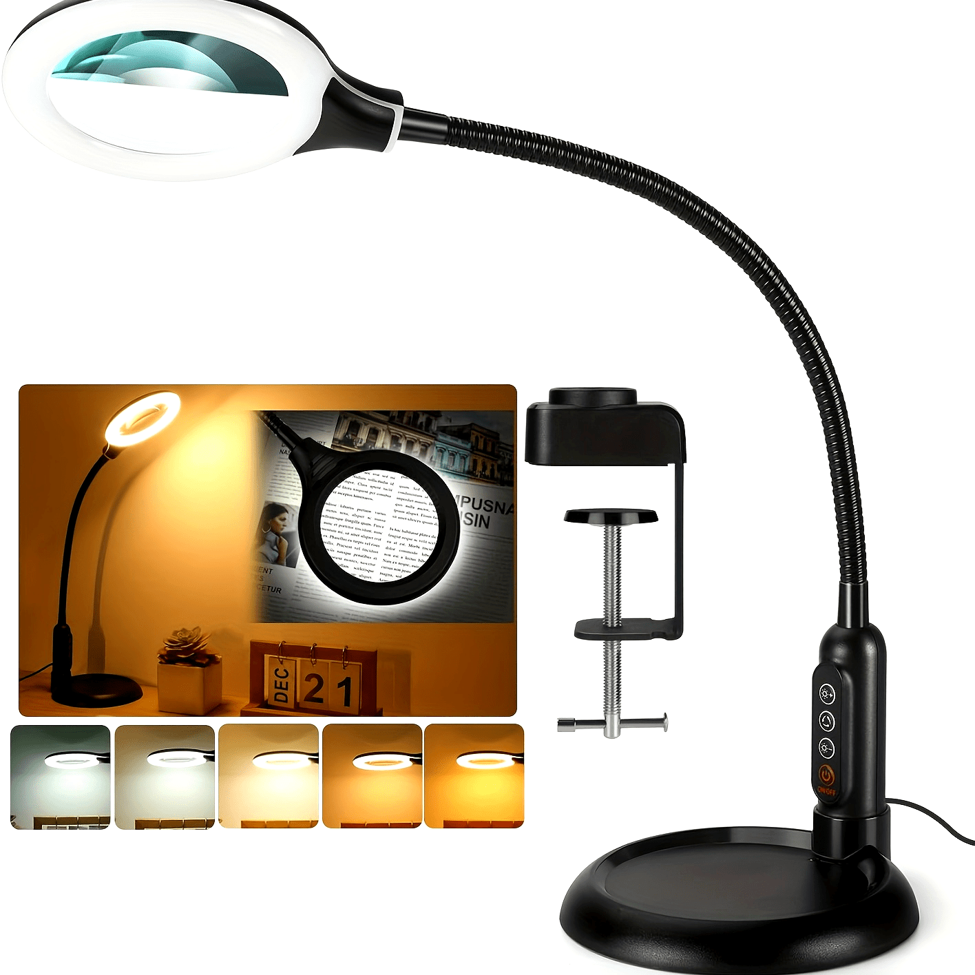 16-inch gooseneck arm, 10x magnifier lamp, adjustable swivel device with clamp, 5 light colors stepless dimming, 2-in-1 hands-free LED desk lamp, suitable for close-up work, office and other places