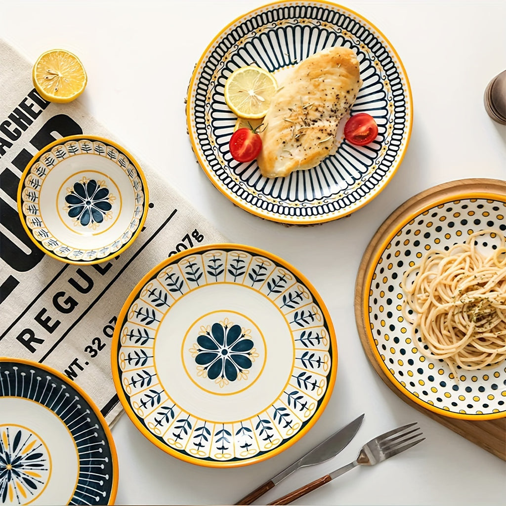 2pcs, 8-Inch Ceramic Bowls, Mixed Colors, Creative Shallow Soup Bowl, Pasta Bowl, Dessert Plate, Large Salad Bowl for Home Kitchen & Restaurant, Kitchenware, Tableware Accessories