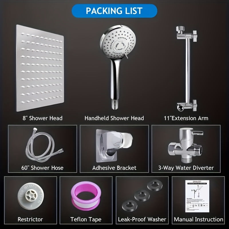 Shower Head - 8" High Pressure Rain Shower Head & Handheld Combo with 11" Extension Arm, 5-Setting Adjustable Leak-Proof, with Holder/Hose, Height & Angle Adjustable