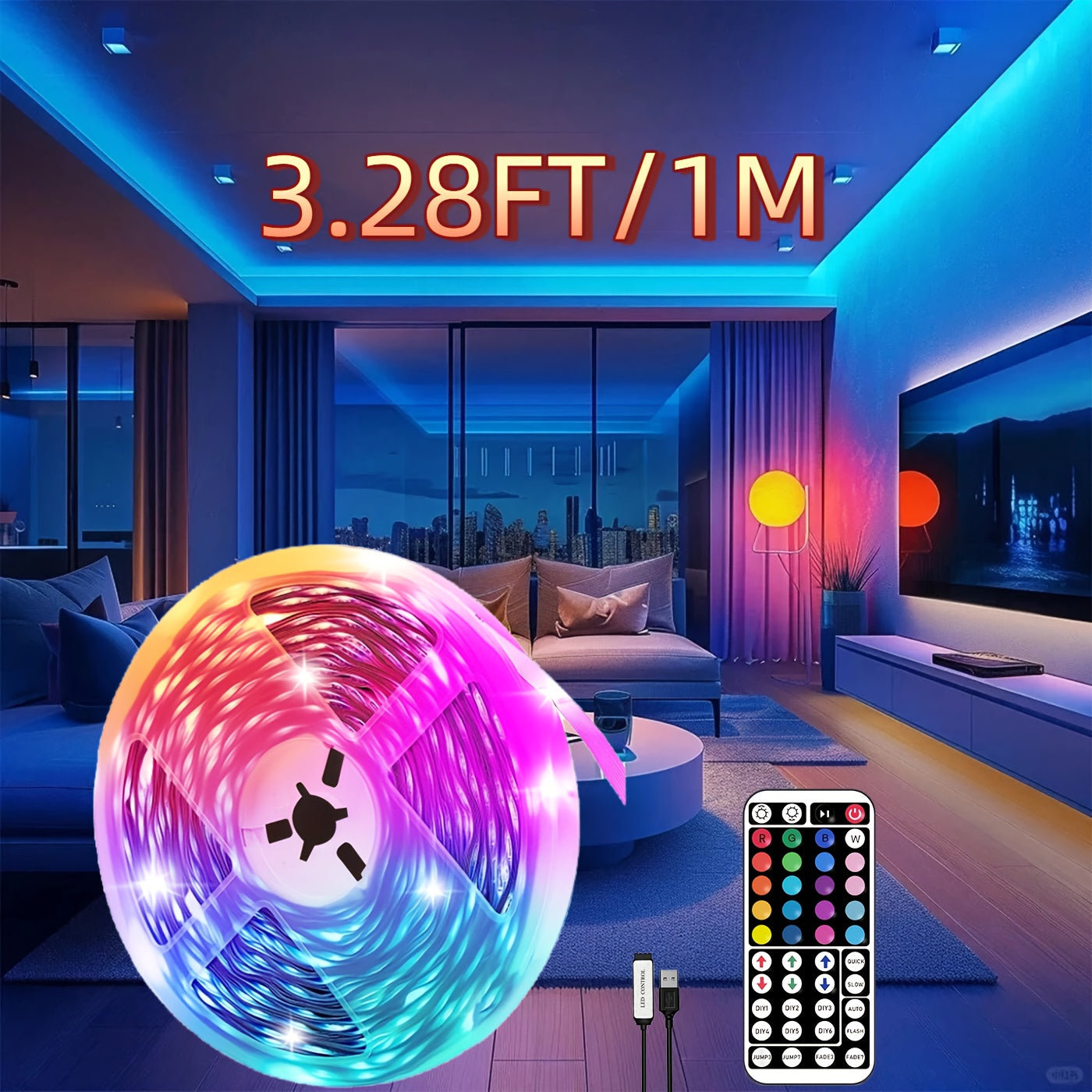 3.28英尺-100英尺 RGB LED灯带，带遥控器，可调节颜色变化，柔性设计，适用于卧室、厨房、天花板和房间氛围照明 - 节能