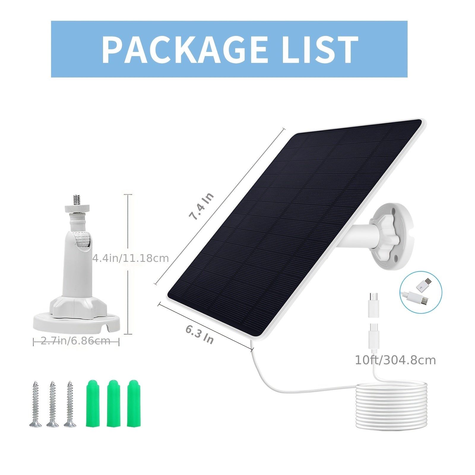 適用於戶外的輕巧型太陽能板，非常適合低能量相機，具備 Type-C 和 USB 連接，具有 IP65 防水等級，全方位 360 度可調，易於安裝，並無需電源插座