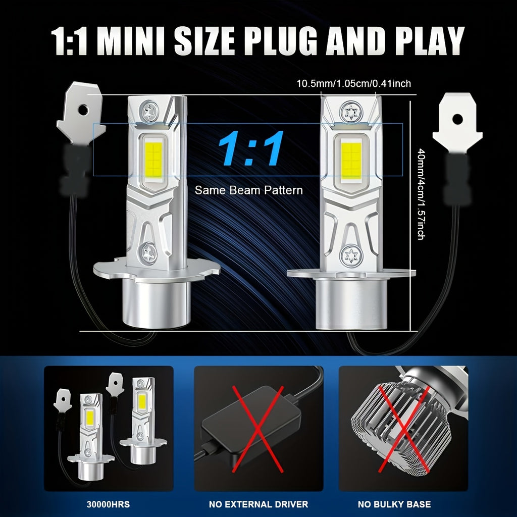 2-Pack 20000 Lumens H1 H3 LED Headlight Bulbs Canbus High Power 50W Car Headlight Fog Light Fanless Wireless Mini Size Vehicle Light 12V
