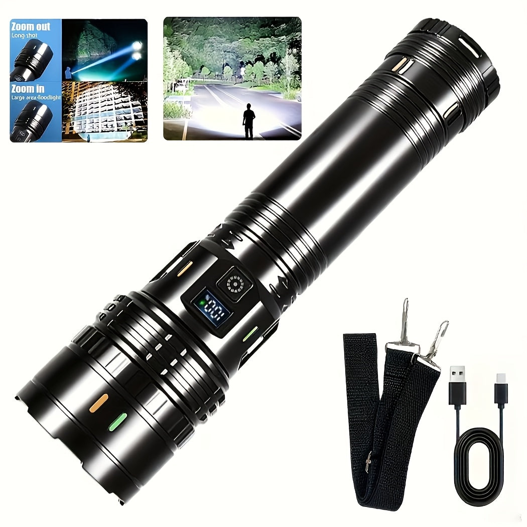 High Power LED Flashlight, Super Bright Adjustable Beam, Built-In High Capacity Lithium Battery, Durable ABS Material, IP44 Waterproof, Ideal for Camping Travel Patrol, Perfect Christmas Gift