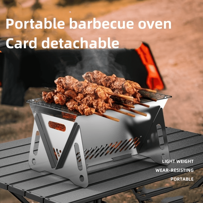 2-Piece Outdoor Foldable BBQ Grill, Stainless Steel Cassette Stove, Portable Charcoal Stove, Garden Party Camping Supplement. Includes 1 BBQ Grill + 1 Basting Brush/