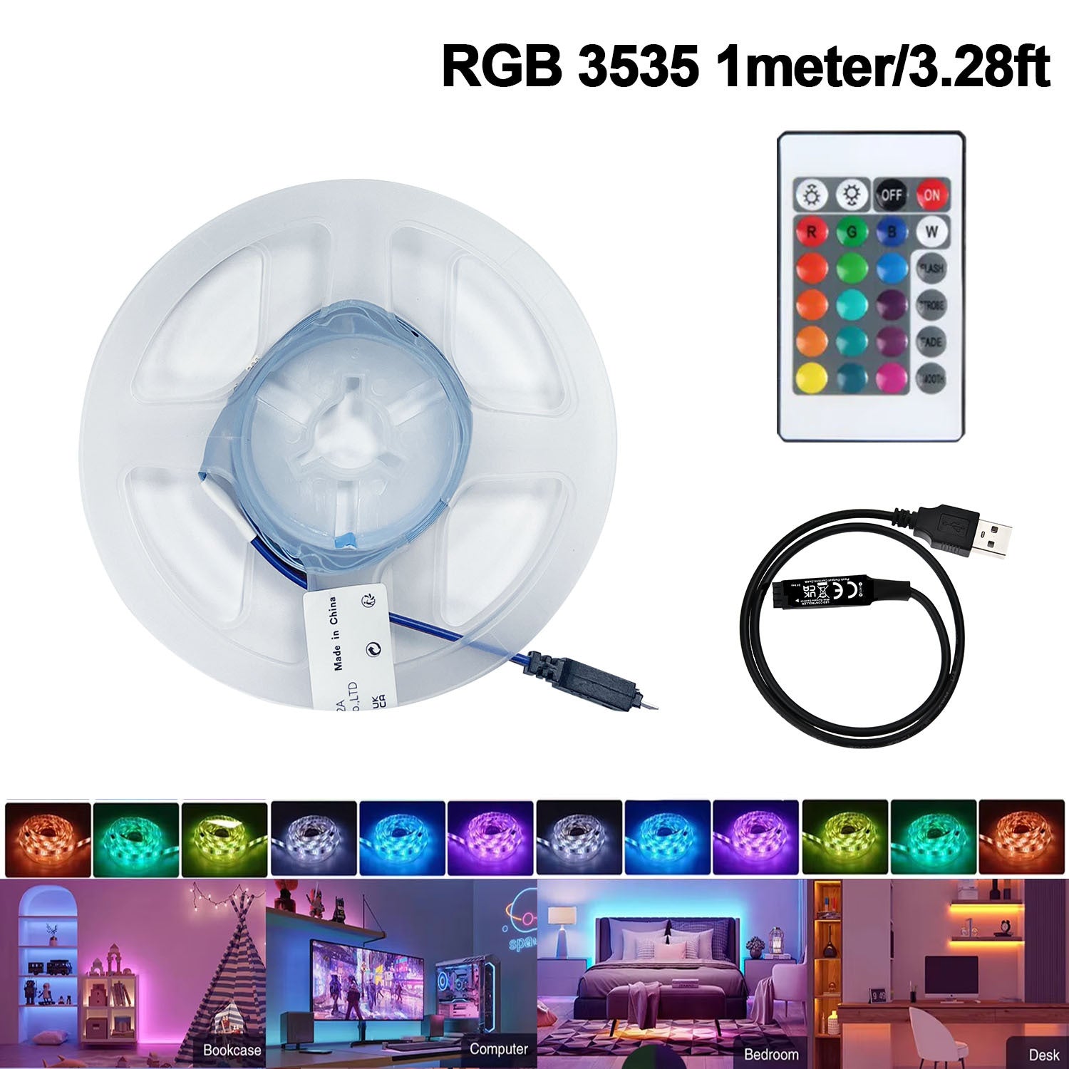 USB RGB LED电视背光灯套装，3535贴片柔性灯带配24键遥控器，可调光氛围灯，适用于32-65英寸电视及电脑显示器，自带背胶易于安装